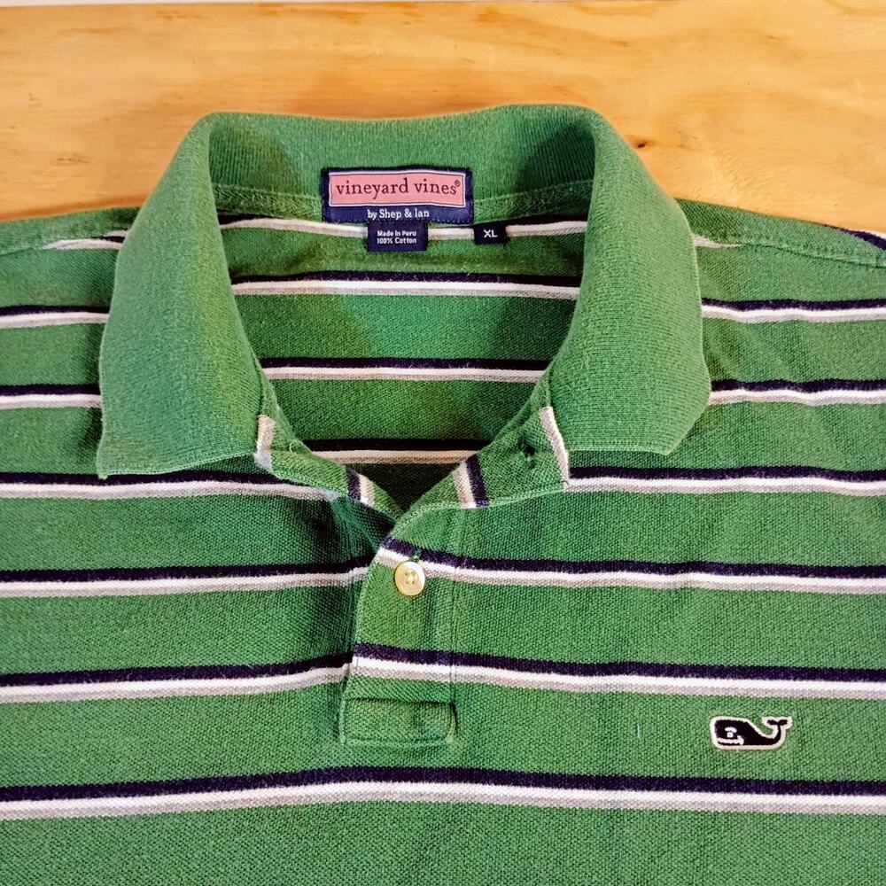 Vineyard Vines Men's XL Polo Shirt Green Striped Short Sleeve Cotton Whale Logo